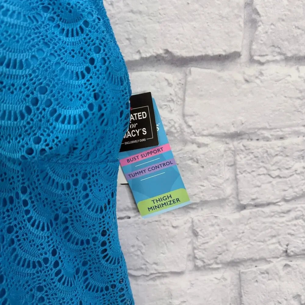 Swim Solutions One Piece Flyaway Slimming Swimsuit Teal Blue Size 10 Crochet New - Picture 6 of 8
